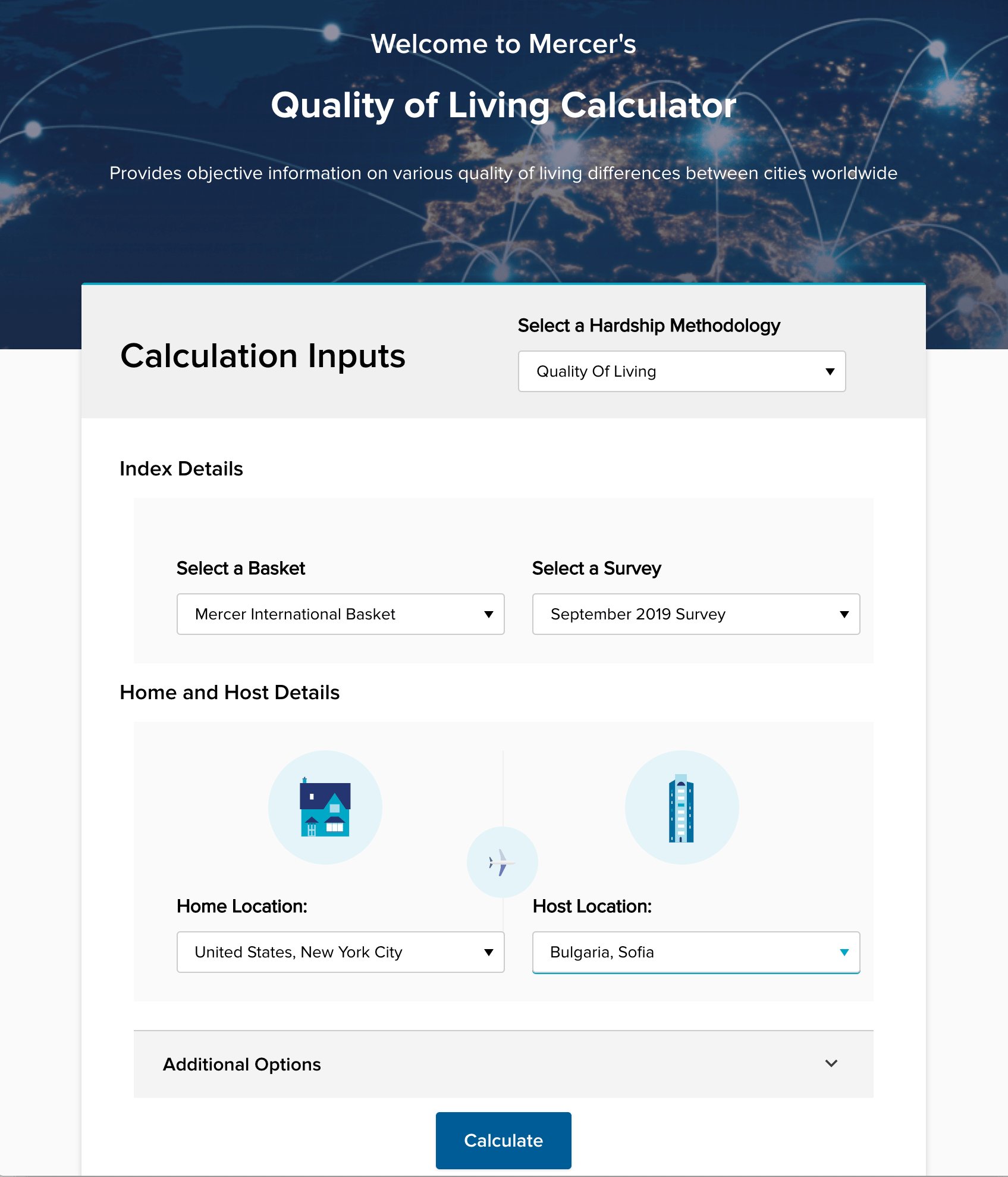 Quality of Living Calculator - Welcome screen