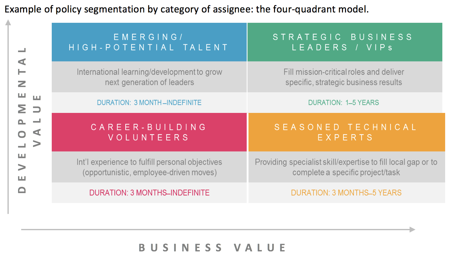 Chart offers example of international assignment policy segmentation by assignee category