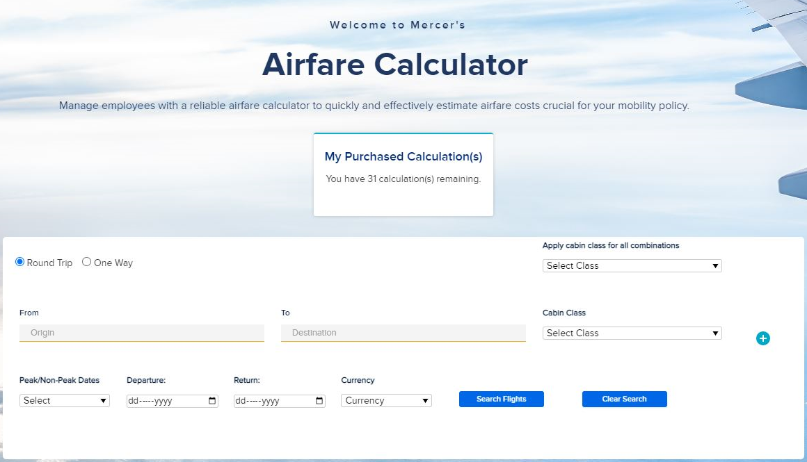 Airfare Calculator welcome screen