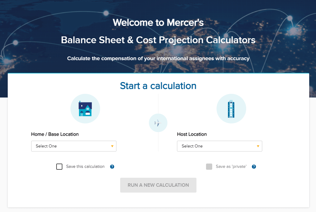 Welcome screen for Mercer's Balance Sheet Calculator and Cost Projection Calculator for international business assignments.