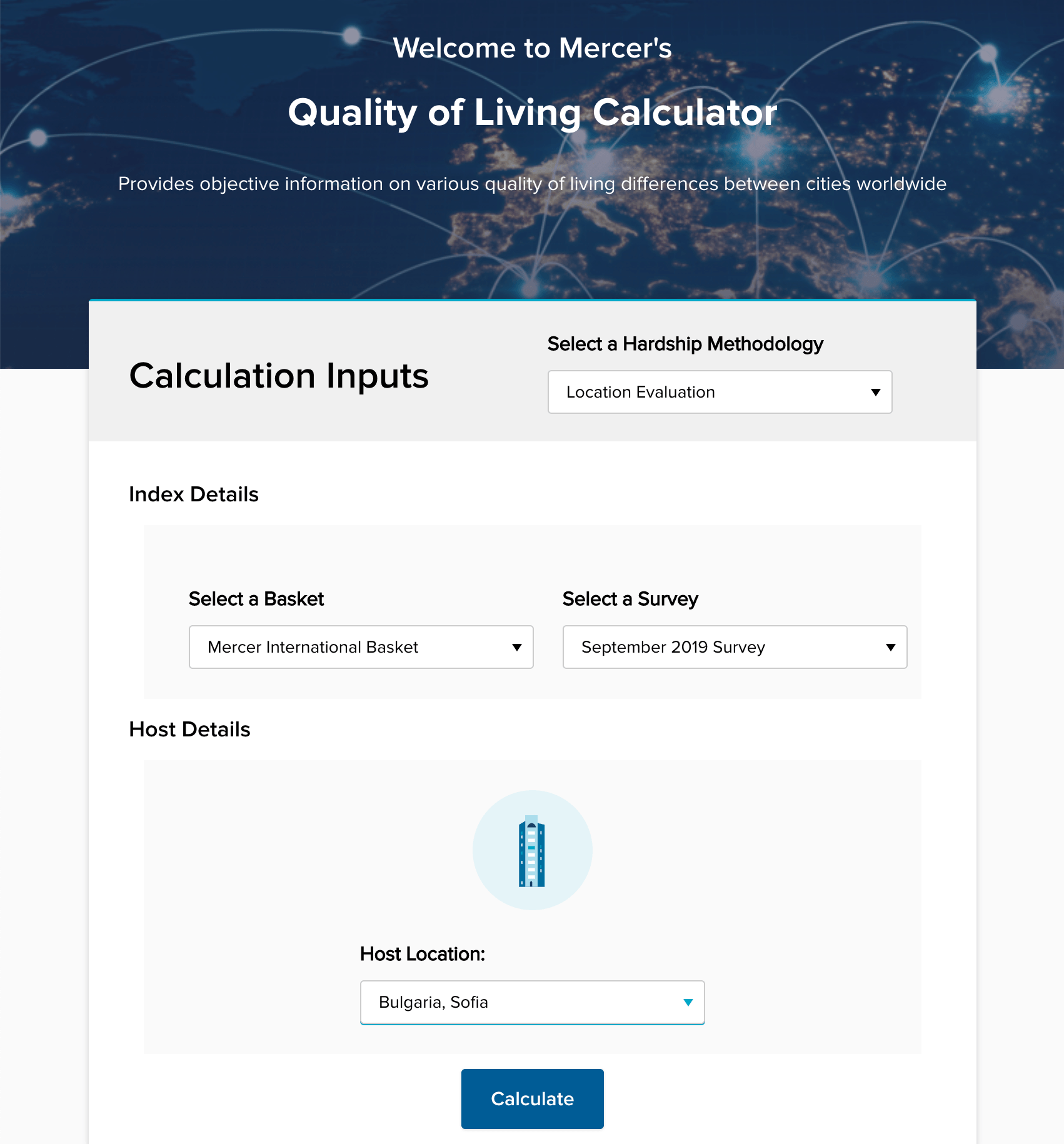 Quality of Living Calculator - Welcome screen
