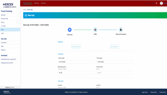 Screenshot of a sample Tax Risk Map for an overseas worker, from the Mercer Travel Tracker application.