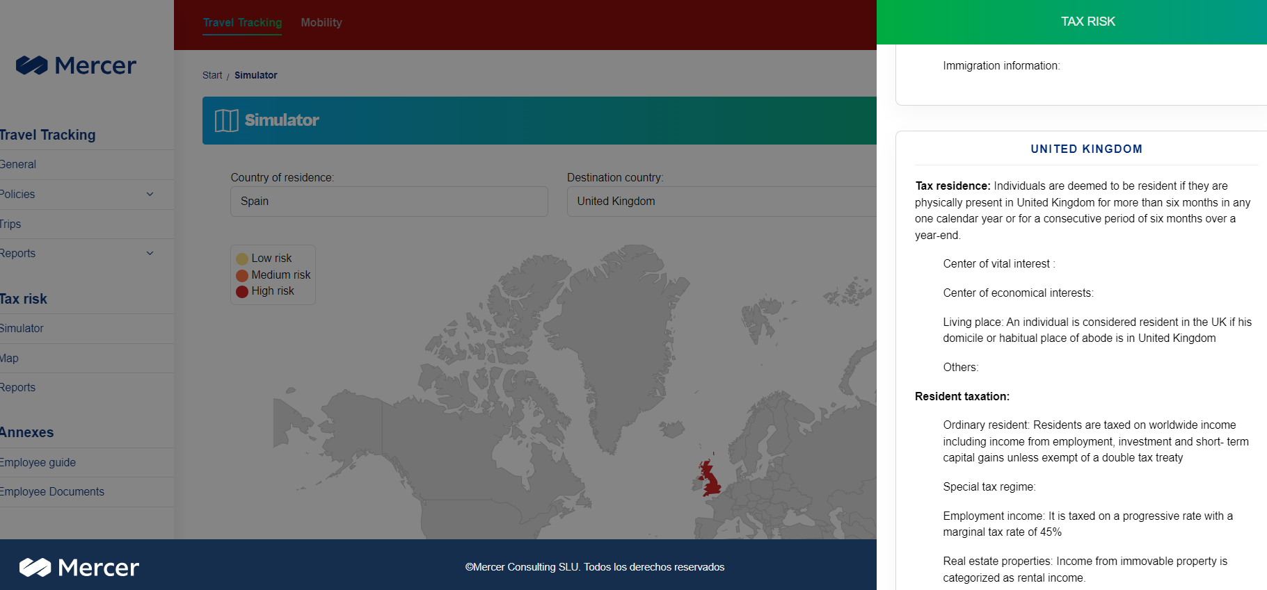 Screenshot of a sample Tax Risk Map for an overseas worker, from the Mercer Travel Tracker application.