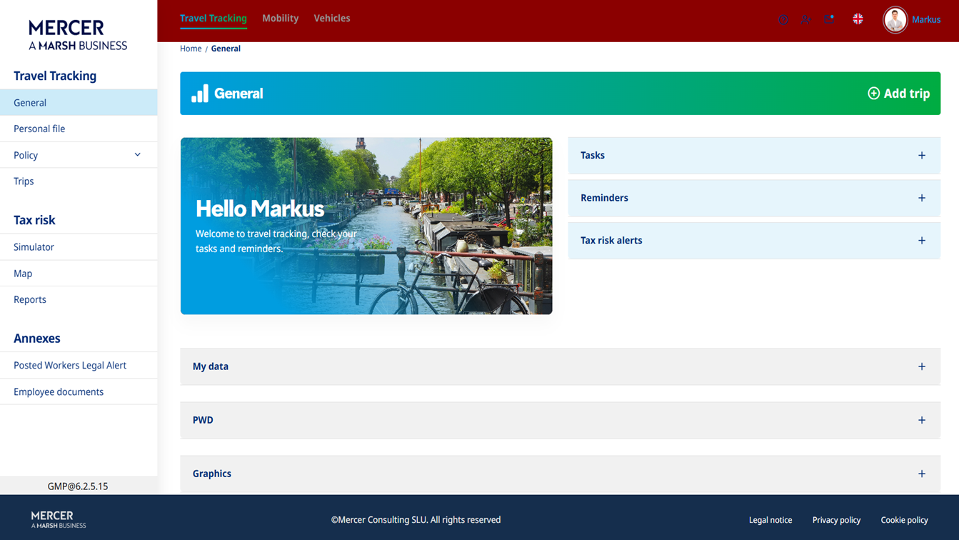 Screenshot of an employee trip plan, from the Mercer Travel Tracker application.