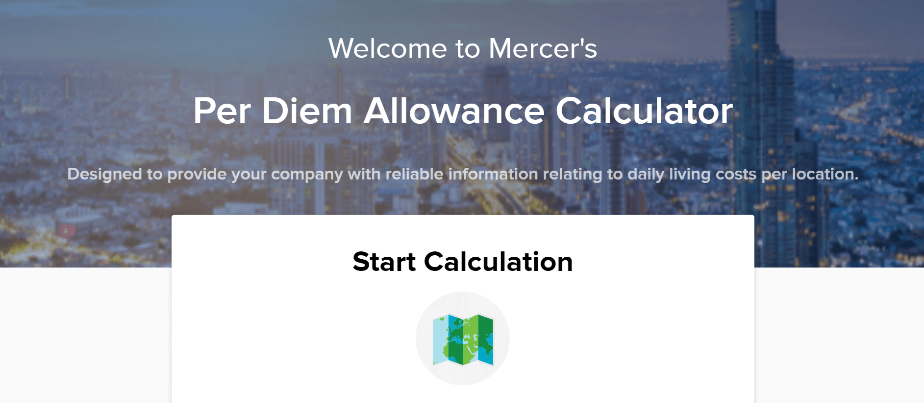 Partial screenshot of welcome screen of Mercer's Per Diem Allowance Calculator web application