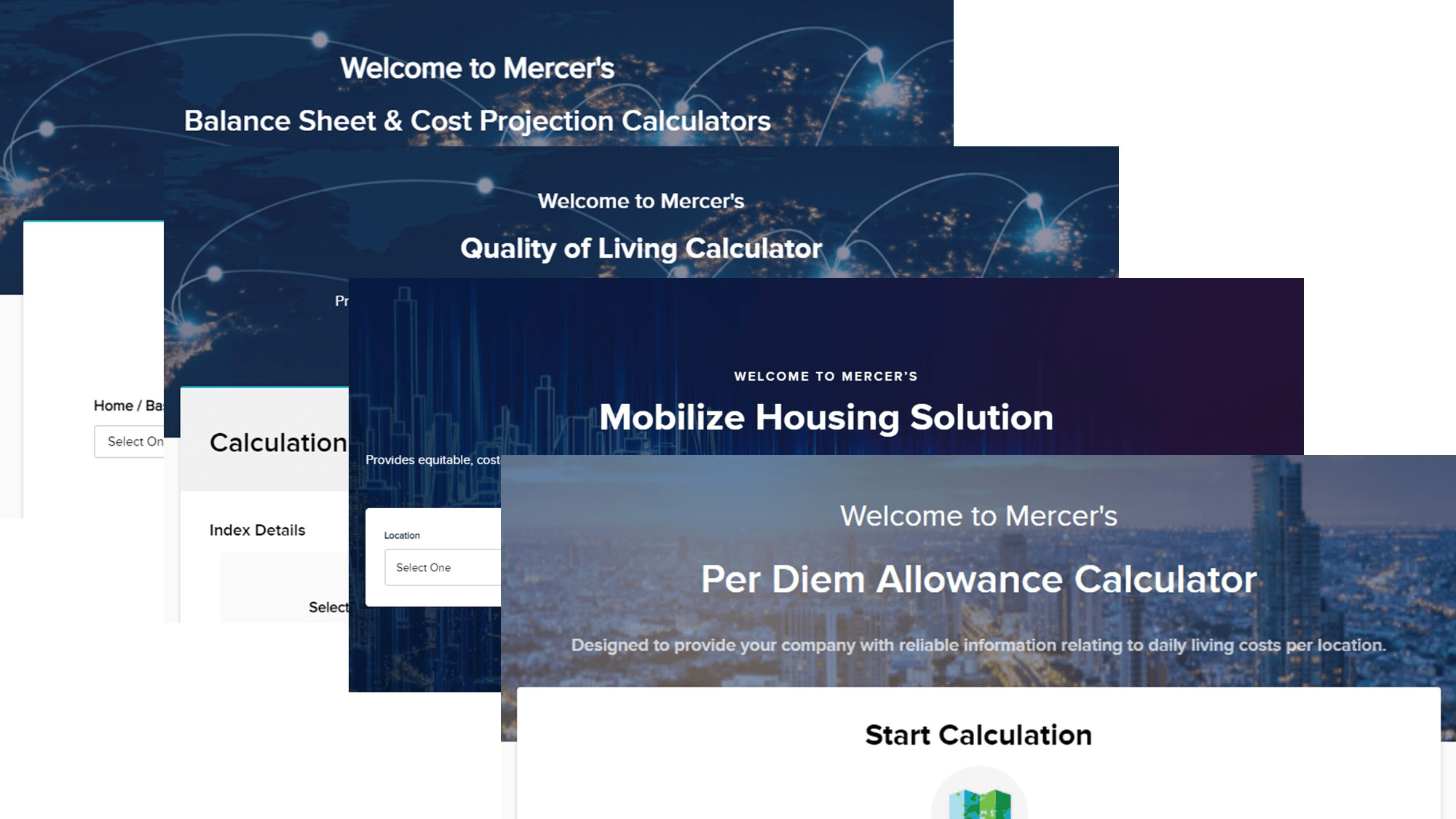 Screenshot collage of a Mercer mobility calculators